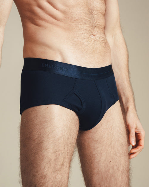 close up man wearing navy cotton brief