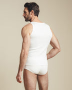 back view man wearing white cotton tank top