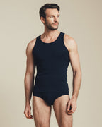 man wearing navy cotton tank top